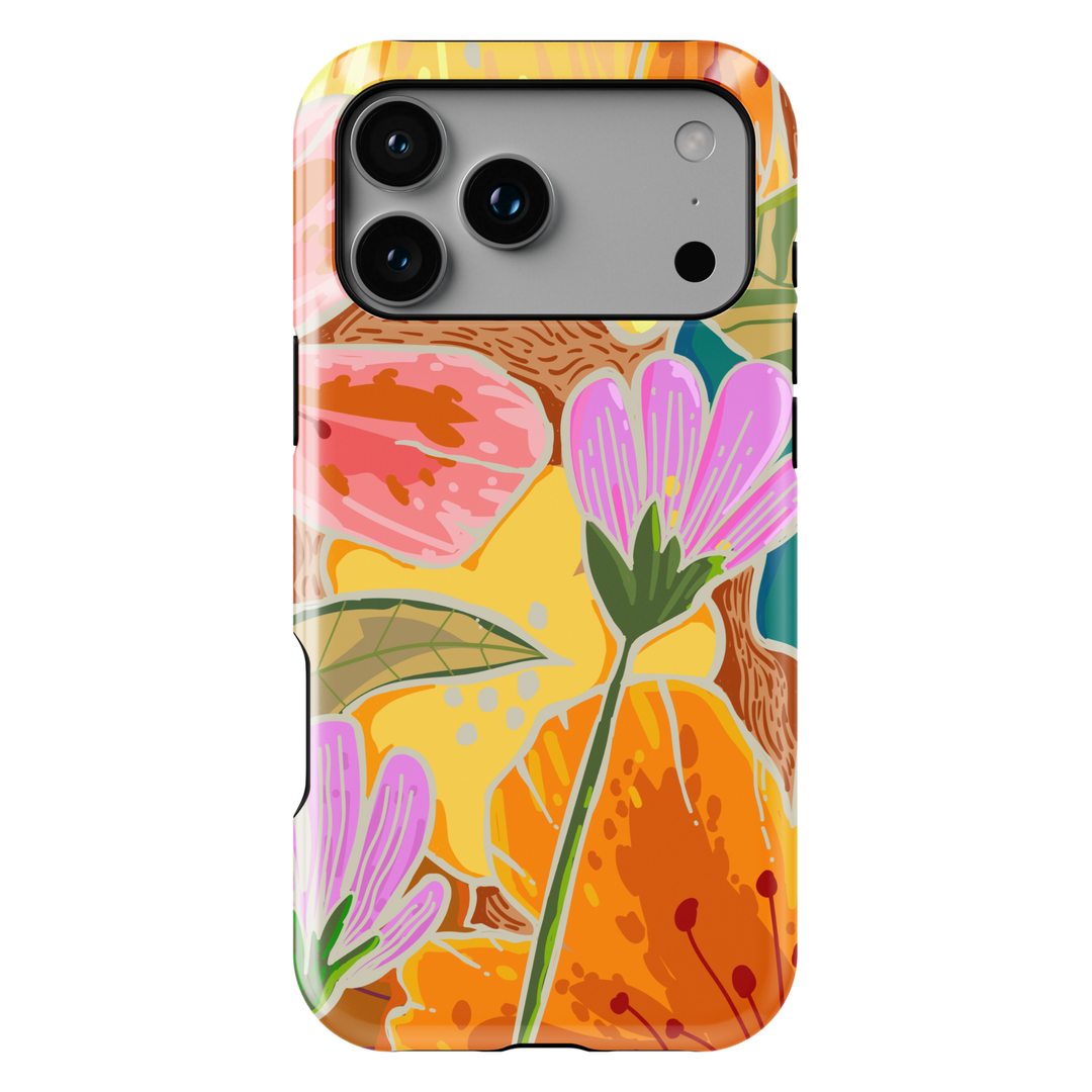 Colorful floral iPhone case featuring oversized wildflowers, botanical leaves, and vibrant retro-inspired floral artwork.