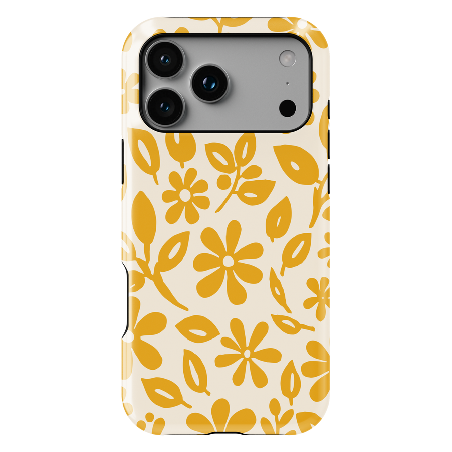 Minimalist yellow floral iPhone case featuring retro daisy flowers and botanical leaves on a soft ivory background.