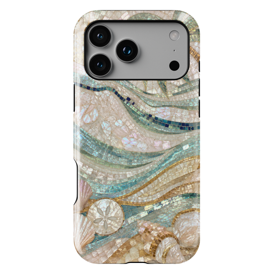 Elegant iPhone case featuring mosaic ocean waves, seashells, sand dollars, pearl details, and luxurious coastal artwork.