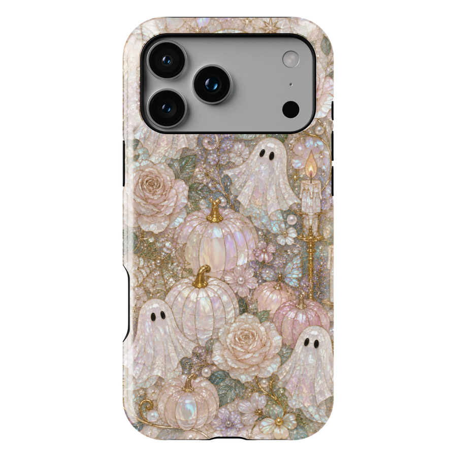 Elegant iPhone case featuring cute pearl ghosts, blush pumpkins, ivory roses, butterflies, candles, and luxurious coquette Halloween artwork.