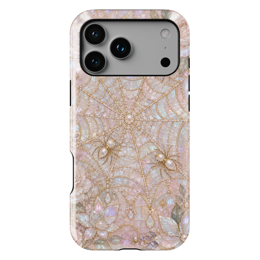 Elegant iPhone case featuring blush pink pearl spider webs, jeweled spiders, iridescent gemstones, florals, and luxurious gothic artwork.