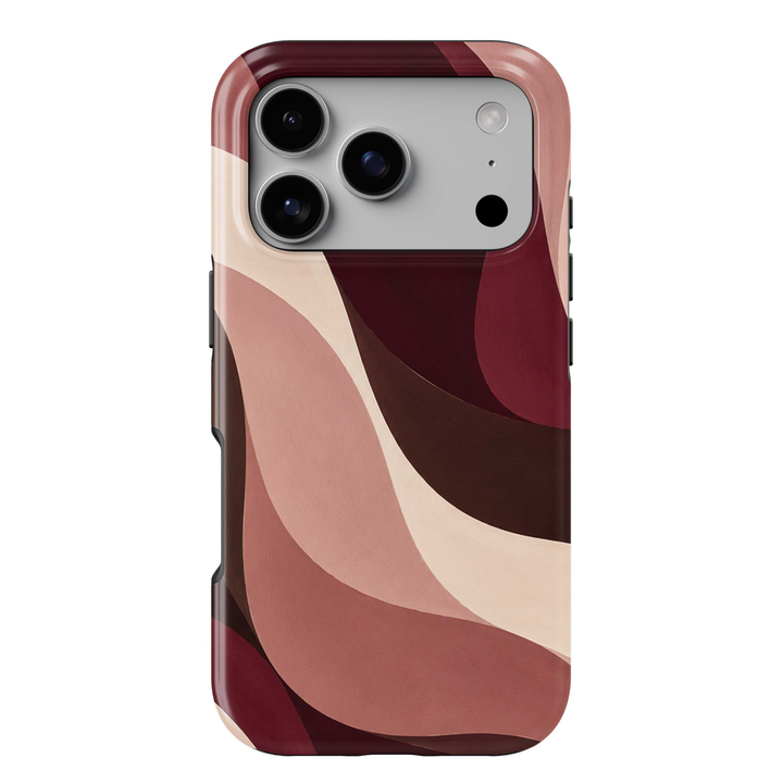Cabernet Curve iPhone 18 Pro Max MagSafe case featuring flowing abstract waves in cabernet, burgundy, chocolate brown, dusty rose, blush and warm cream, a modern luxury tough iPhone 18 Pro phone case with MagSafe compatibility.