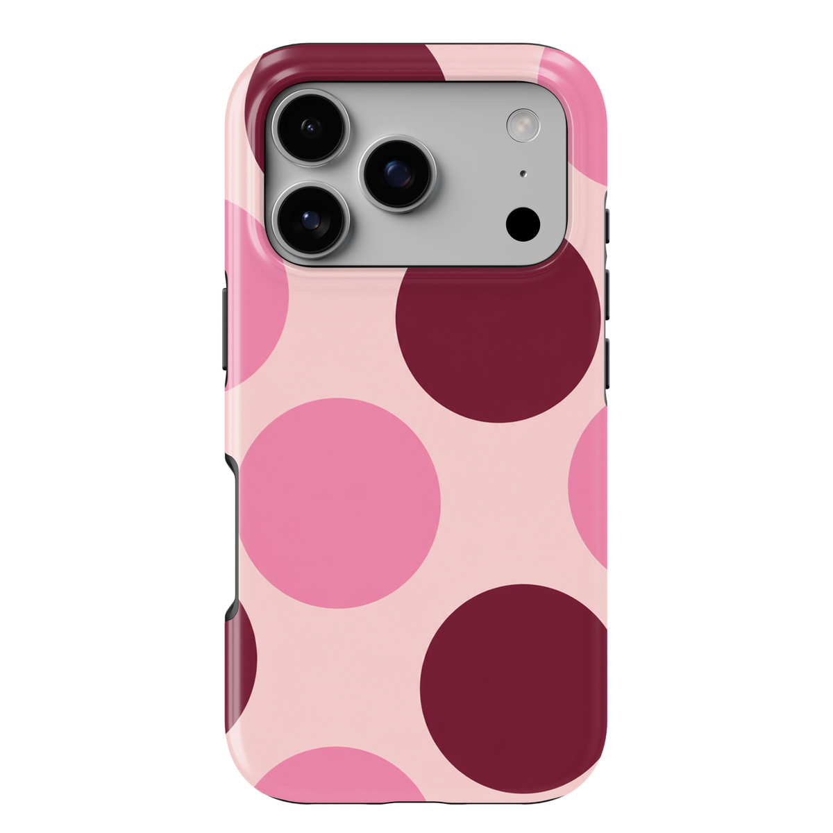 Double Take pink polka dot iPhone 18 Pro Max MagSafe case featuring oversized blush pink, rosy pink and deep burgundy circles on a pale pink background, a retro preppy tough iPhone 18 Pro phone case with feminine girly aesthetic, bold circle pattern, protective design and MagSafe compatibility.