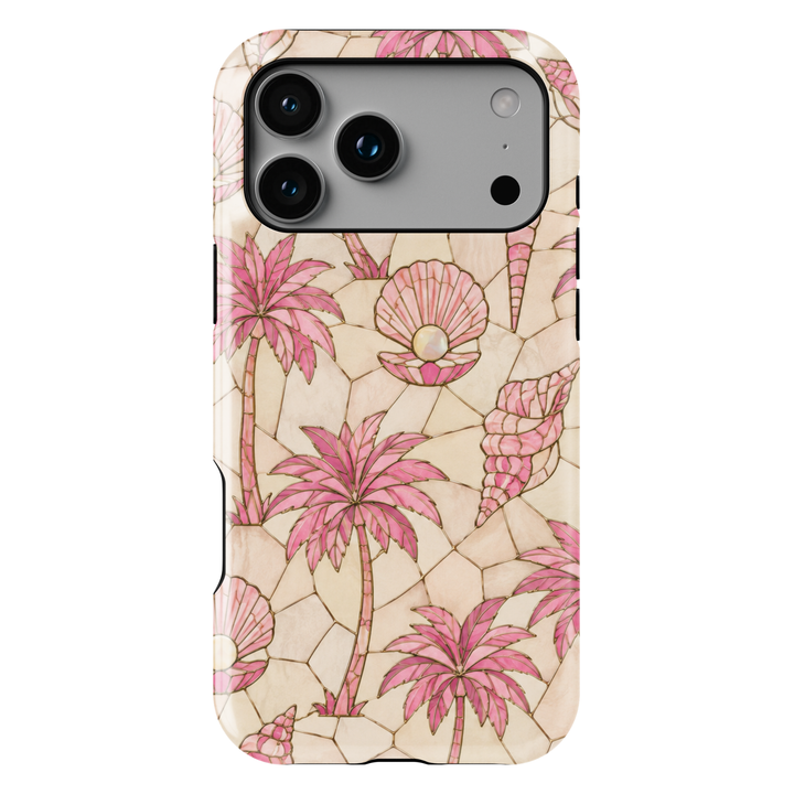 Pink tropical iPhone case featuring palm trees, seashells, pearls, and a soft coastal mosaic design.
