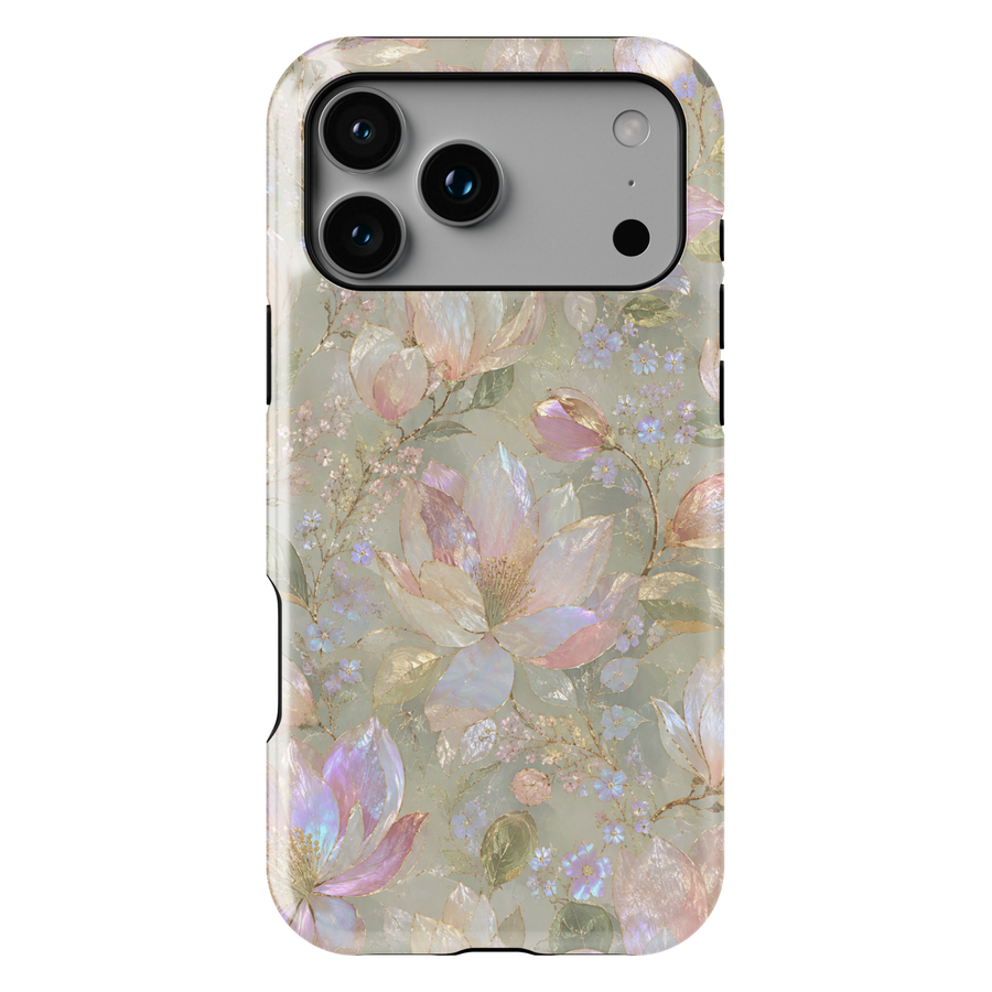 Opal Magnolia iPhone case with pearlescent blush and ivory magnolia flowers, lavender accents and soft sage green background.