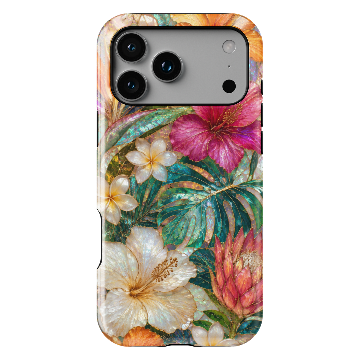 Tropical floral iPhone case featuring hibiscus flowers, plumeria blossoms, protea blooms, and vibrant monstera leaves.