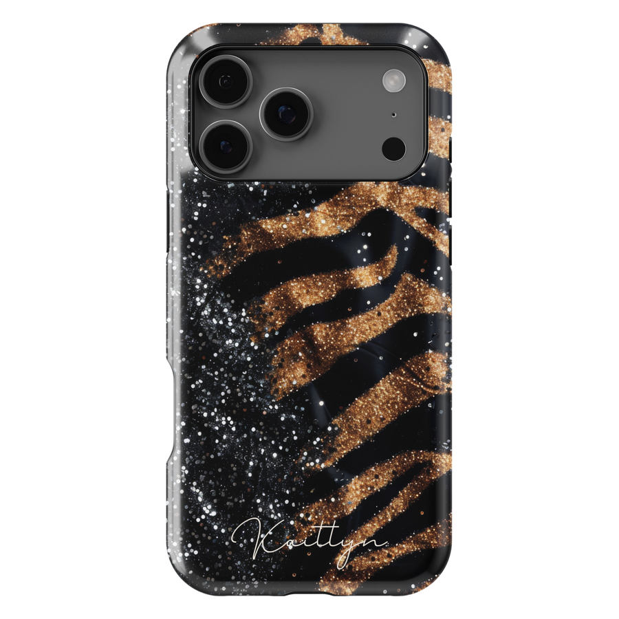 Black and gold leopard luxury phone case with glitter accents on a protective iPhone and Samsung Galaxy phone case for women