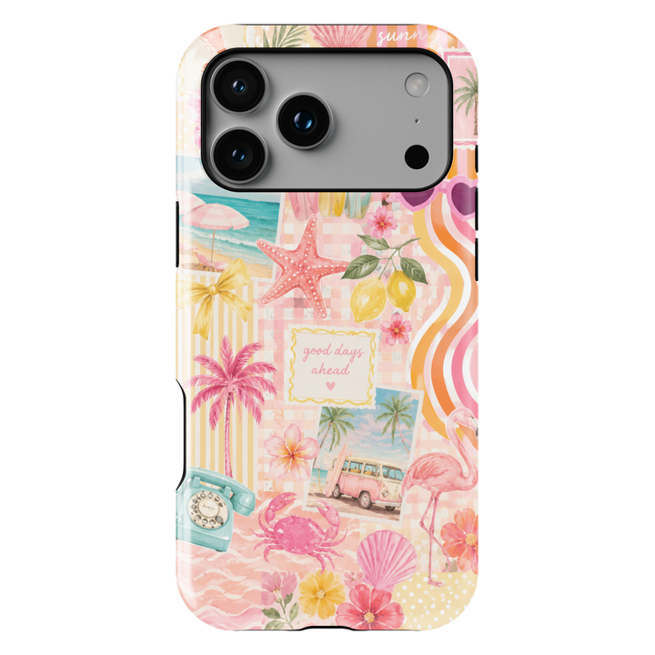 Pink tropical iPhone 17 Pro Max case featuring flamingos, palm trees, beach scenes, shells, lemons, and retro summer collage artwork.