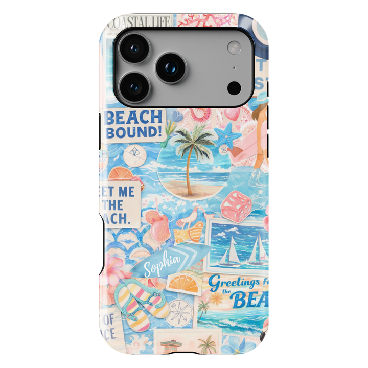 Beach aesthetic collage phone case with ocean, palm trees, and summer elements for iPhone 17 Pro Max and Samsung Galaxy S26 Ultra.