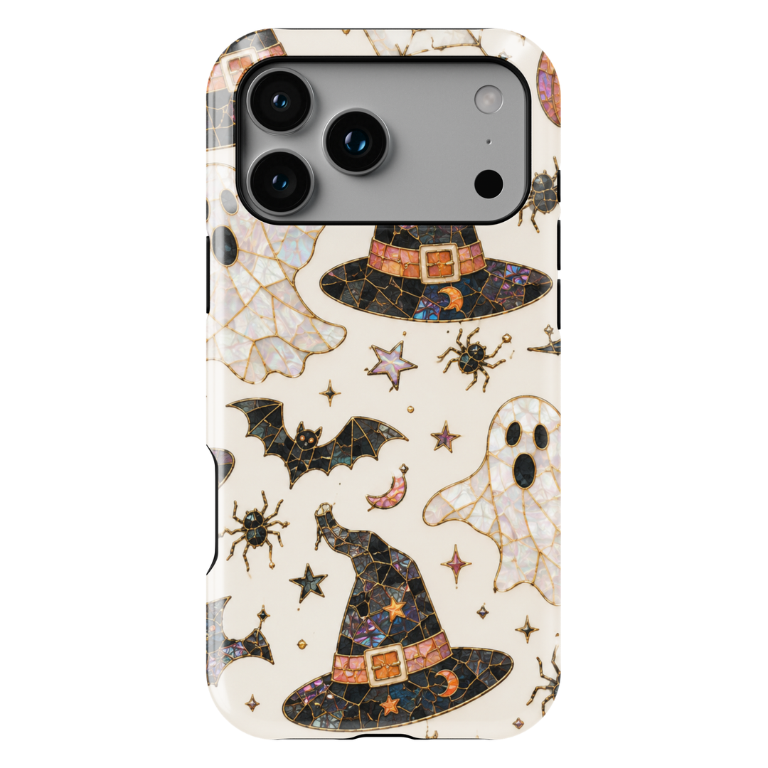Enchanted Witch iPhone case with stained glass witch hats, pearl ghosts, bats, spiders, moons and stars on an ivory background.