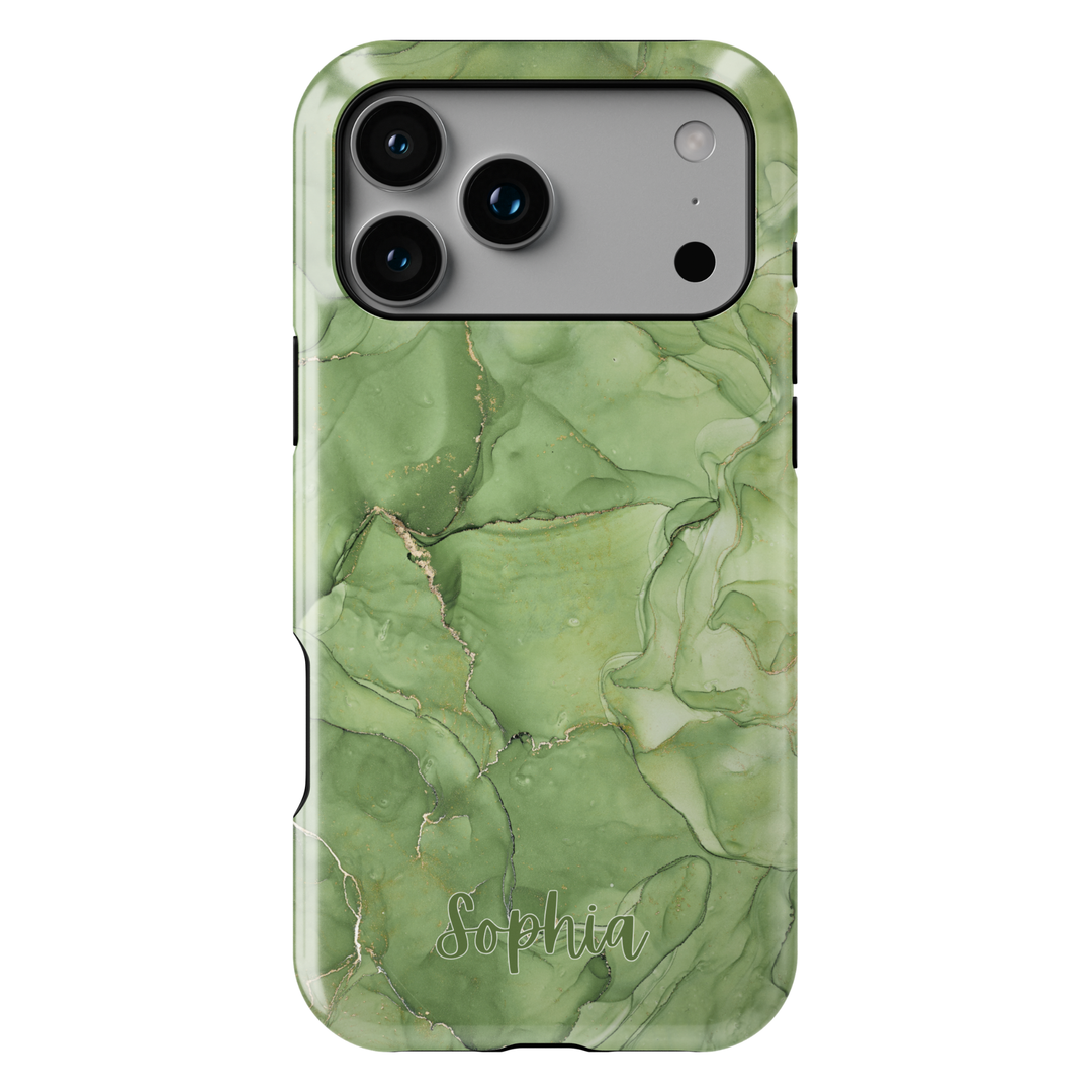 Personalized blue marble phone case with gold accents and custom name design