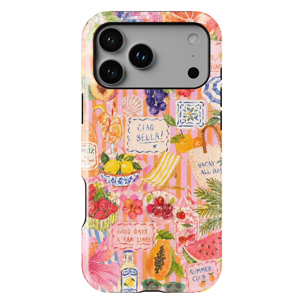 Italian summer collage iPhone 17 Pro Max case with fruits, spritz drink, cherries, and beach vacation aesthetic design.