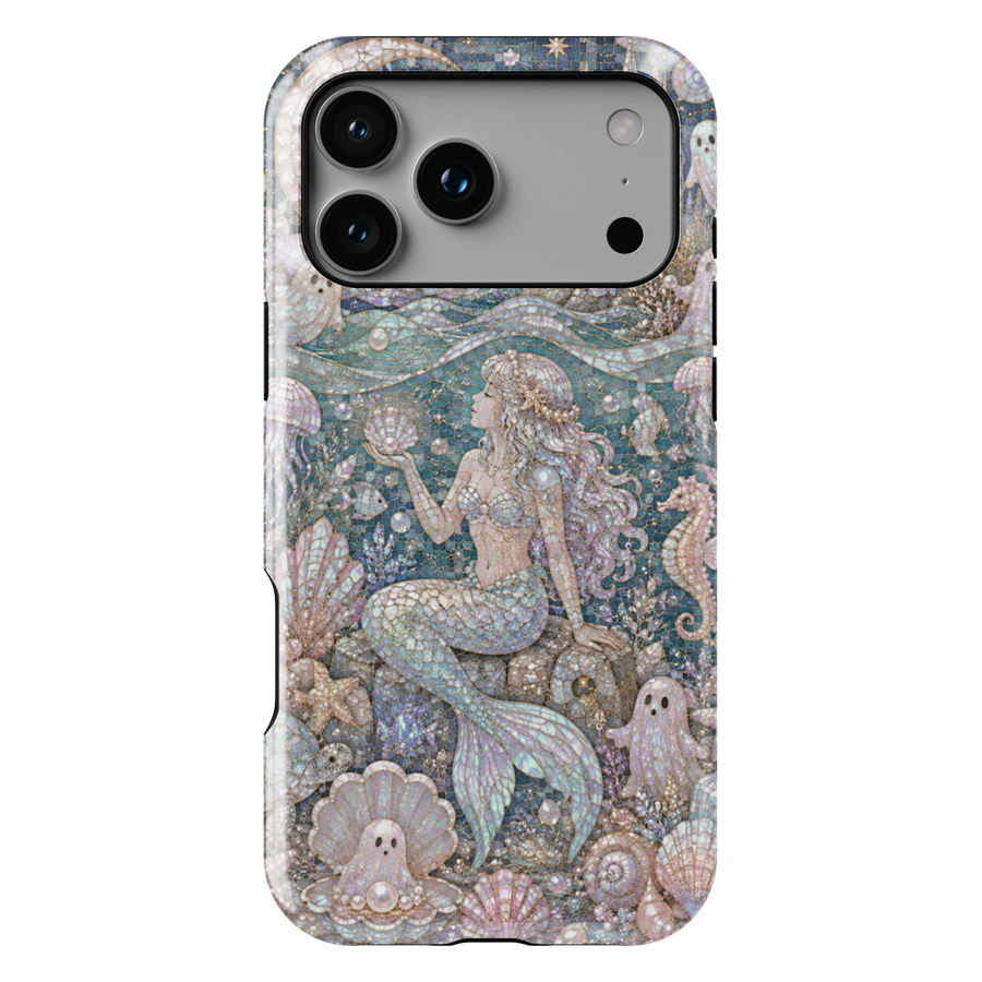 Elegant iPhone case featuring a pearlescent mermaid with cute ghosts, seashells, jellyfish, seahorses, and luxurious underwater ocean artwork.