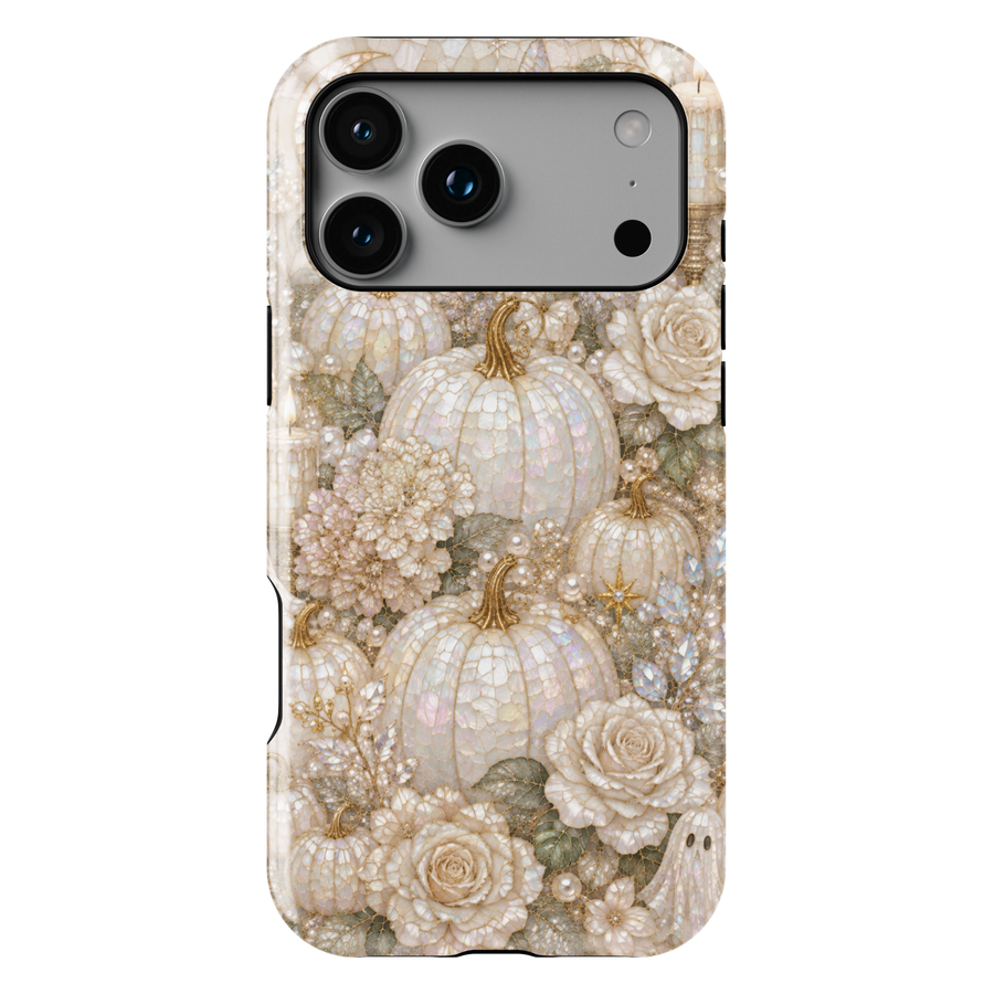 Elegant iPhone case featuring pearl pumpkins, ivory roses, delicate flowers, and luxurious neutral autumn artwork.