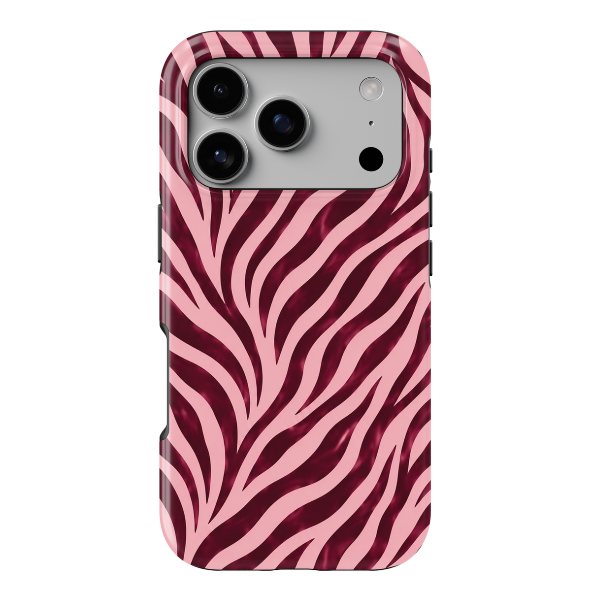 Wild Intentions burgundy zebra iPhone 18 Pro Max MagSafe case featuring deep burgundy, dark cherry, wine red and blush pink zebra stripes, a bold feminine protective tough iPhone 18 Pro phone case with a trendy animal print design and MagSafe compatibility.