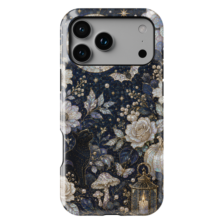 Elegant black cat iPhone case featuring moonlit flowers, pearl pumpkins, glowing lantern, mushrooms, butterflies, and celestial night sky artwork.