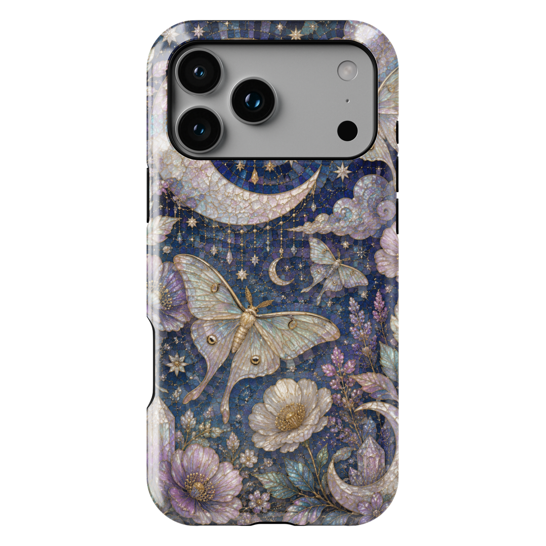 Celestial iPhone case featuring luna moths, crescent moon, stars, lavender flowers, clouds, and elegant midnight floral artwork.
