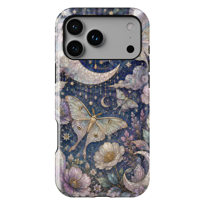 Celestial iPhone case featuring luna moths, crescent moon, stars, lavender flowers, clouds, and elegant midnight floral artwork.