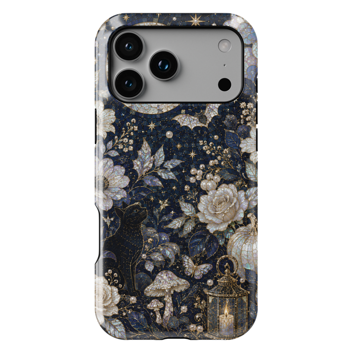 Midnight Halloween iPhone case featuring black cat, full moon, pearl roses, lantern, mushrooms, pumpkins, butterflies, and elegant gothic botanical artwork.