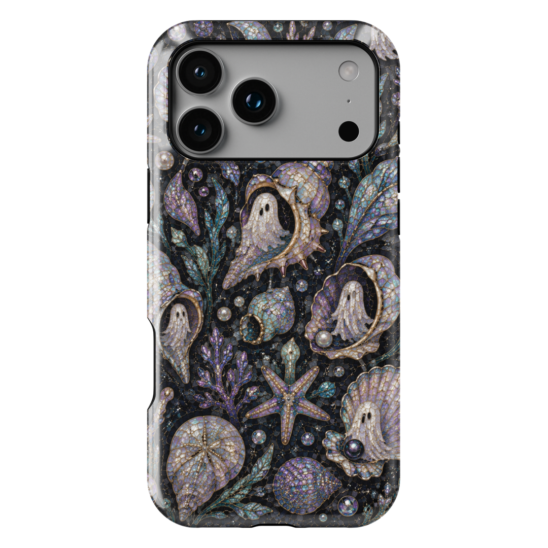 Midnight coastal Halloween iPhone case featuring pearl ghosts inside seashells with starfish, coral, sea glass, pearls, and iridescent ocean details.