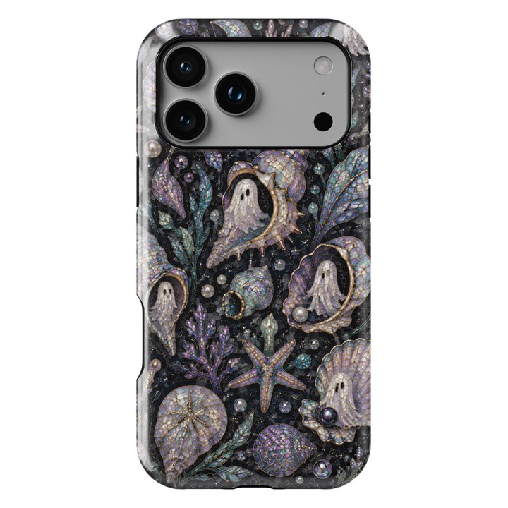 Midnight coastal Halloween iPhone case featuring pearl ghosts inside seashells with starfish, coral, sea glass, pearls, and iridescent ocean details.