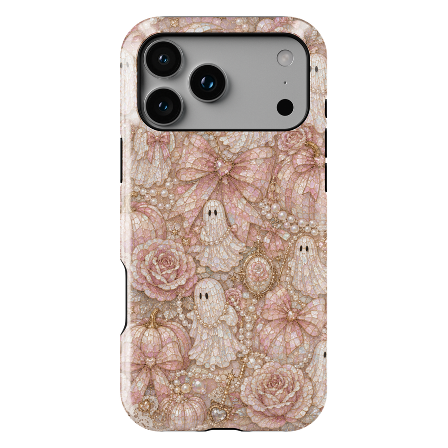 Blush Ghost Coquette iPhone case with pearl ghosts, pink satin bows, pearl pumpkins, roses, vintage cameo, lace, and elegant Halloween aesthetic.