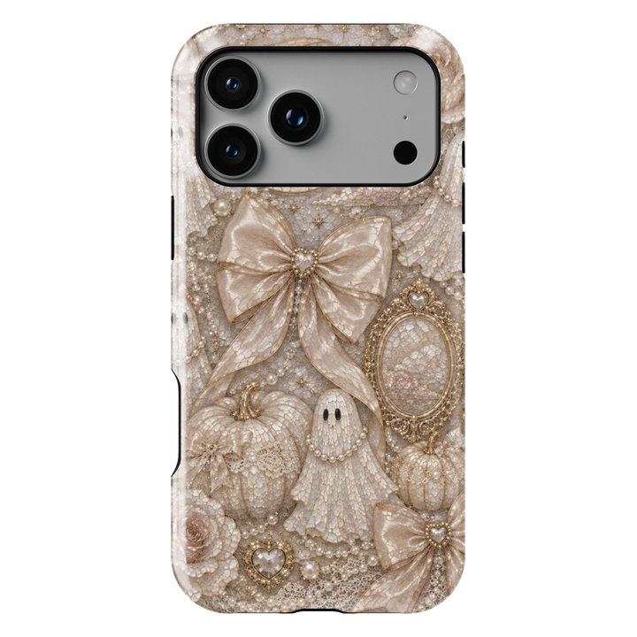 Elegant Ghost Coquette iPhone case featuring pearl ghost, satin bows, ivory pumpkins, vintage mirror, pearls, lace, and neutral Halloween décor.