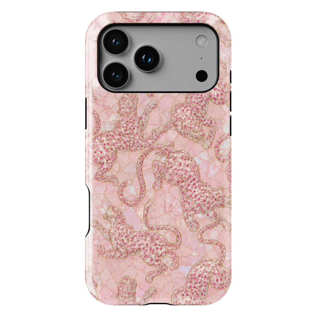 Blush Prowl iPhone case featuring pink leopards on a soft blush pearl-inspired mosaic background with delicate gold details.