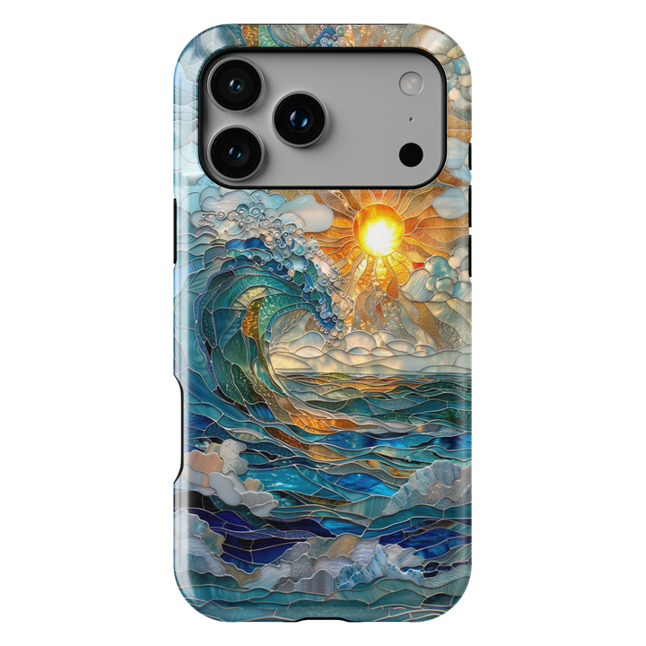 Ocean inspired stained glass art phone case with layered blue waves and golden sun on a protective iPhone and Samsung Galaxy phone case for women