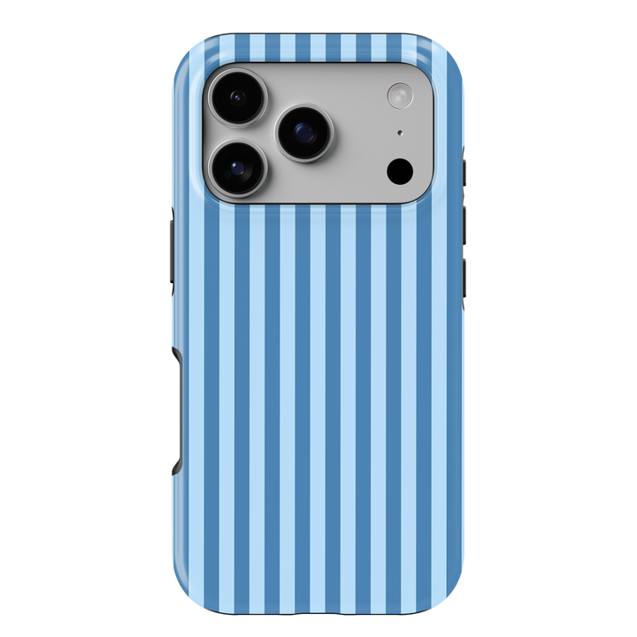 Blue Routine blue striped iPhone 18 Pro Max MagSafe case featuring vertical powder blue and denim blue stripes, a clean preppy minimalist tough iPhone 18 Pro phone case with light blue aesthetic, classic striped design, protective style and MagSafe compatibility.