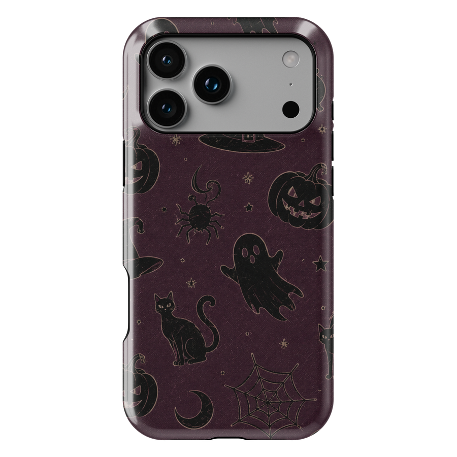 Vintage Halloween phone case for iPhone and Samsung Galaxy featuring black cats, ghosts, pumpkins, skull, bats, haunted house, potions and gothic illustrations in orange and black.