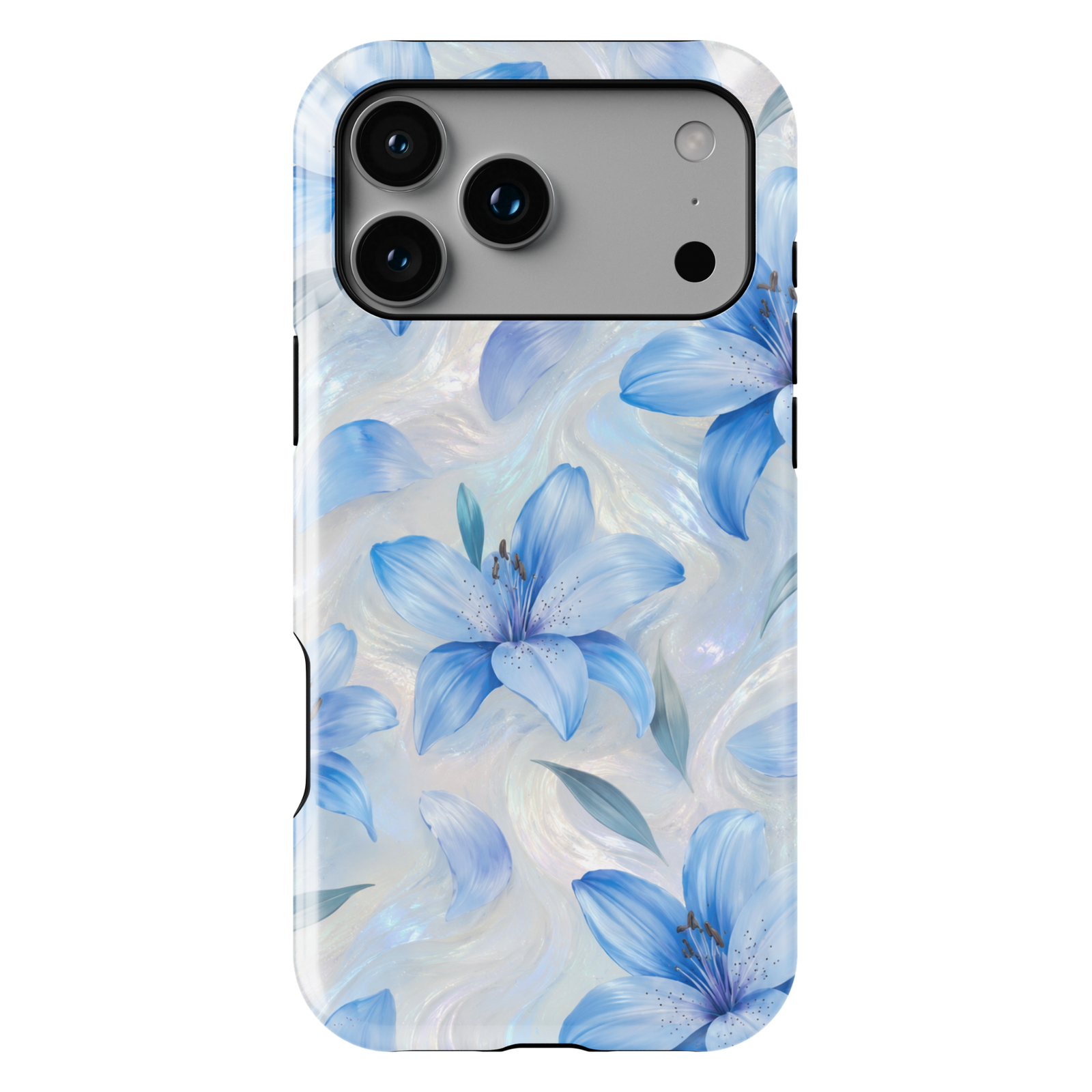 Blue lily floral iPhone case featuring delicate flowers on an iridescent pearl swirl background.