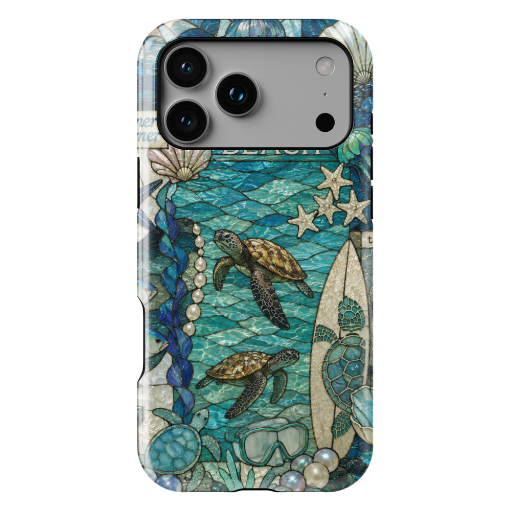 Sea turtle coastal iPhone 17 Pro Max case featuring ocean waves, surfboards, shells, pearls, and tropical beach artwork.