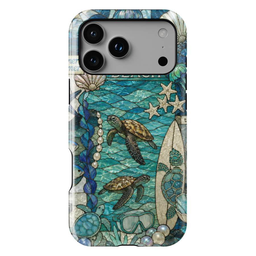 Sea turtle coastal iPhone 17 Pro Max case featuring ocean waves, surfboards, shells, pearls, and tropical beach artwork.