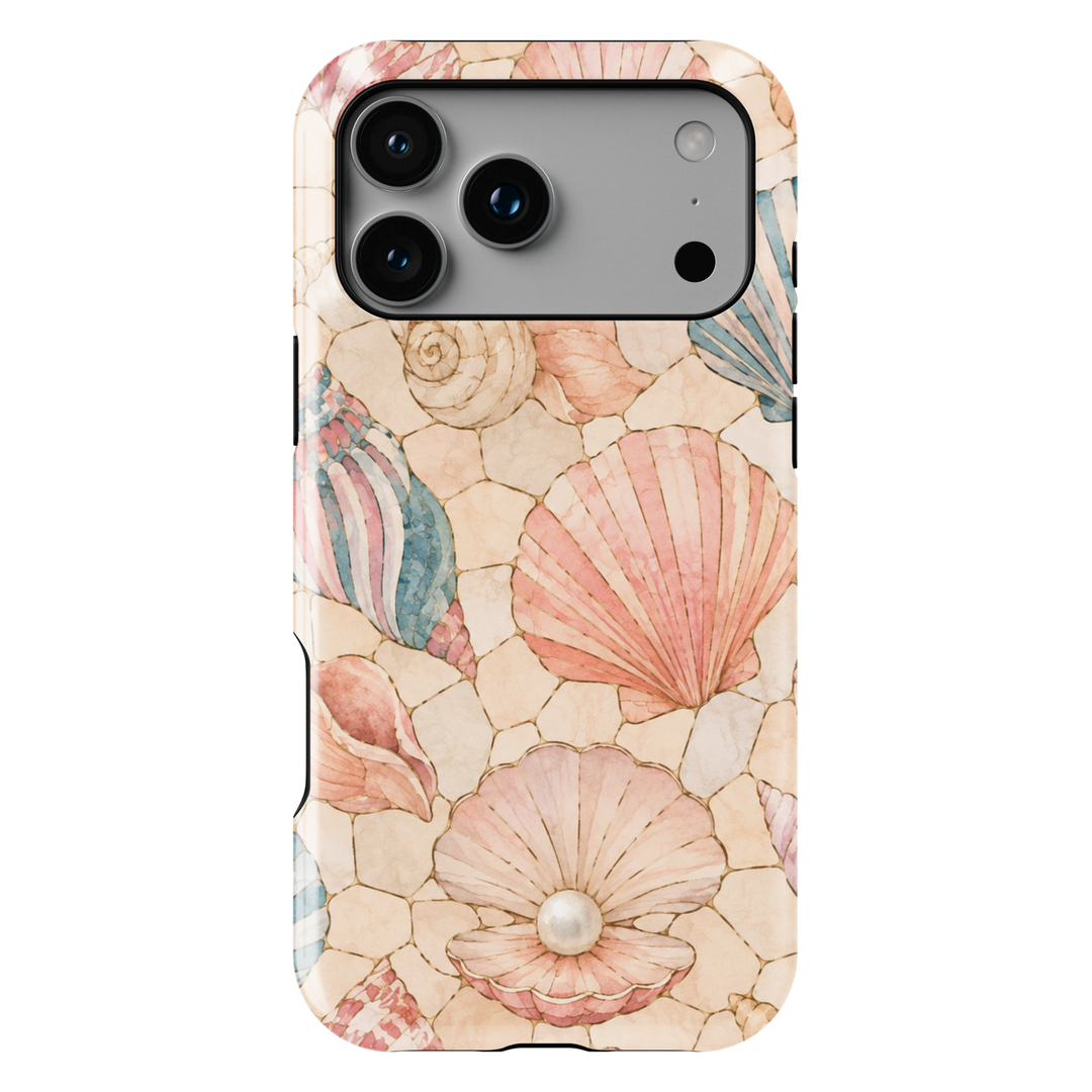 Pastel seashell iPhone case featuring pink scallop shells, spiral shells, pearl accents, and a soft coastal beach design.