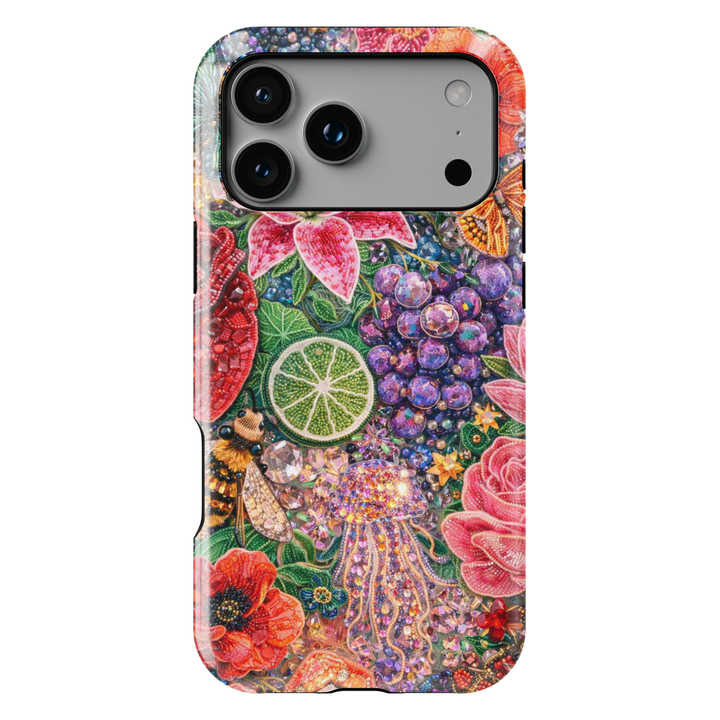 Colorful gemstone floral phone case with grapes, lime slice, bee and sparkling jellyfish design, protective tough case for iPhone and Samsung Galaxy