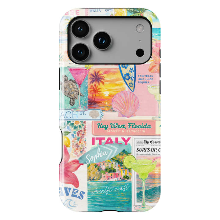 Tropical beach collage phone case with ocean, citrus, and travel aesthetic for iPhone 17 Pro Max and Samsung Galaxy S26 Ultra.