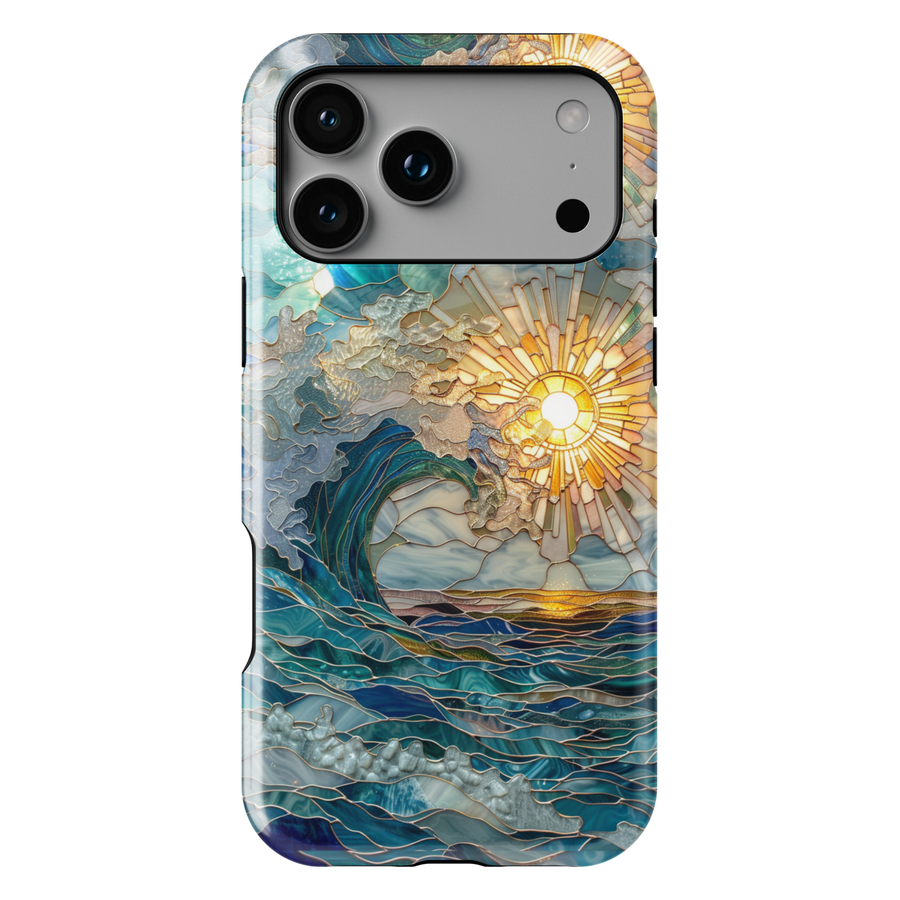 Stained glass ocean wave phone case with golden sunburst and layered blue sea design on a tough protective case