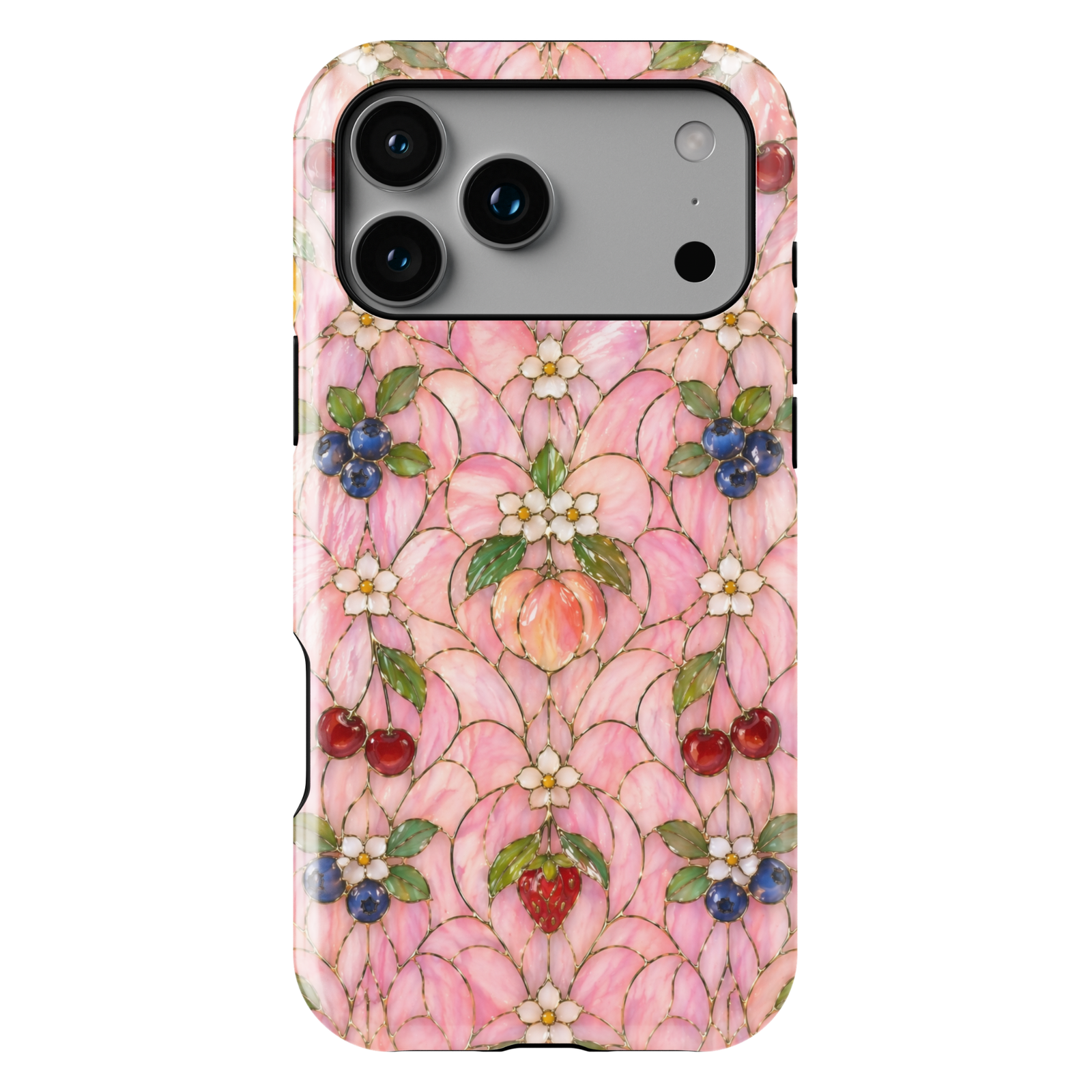 Pink floral fruit iPhone 17 Pro Max case with cherries, strawberries, blueberries, and soft stained-glass aesthetic design.