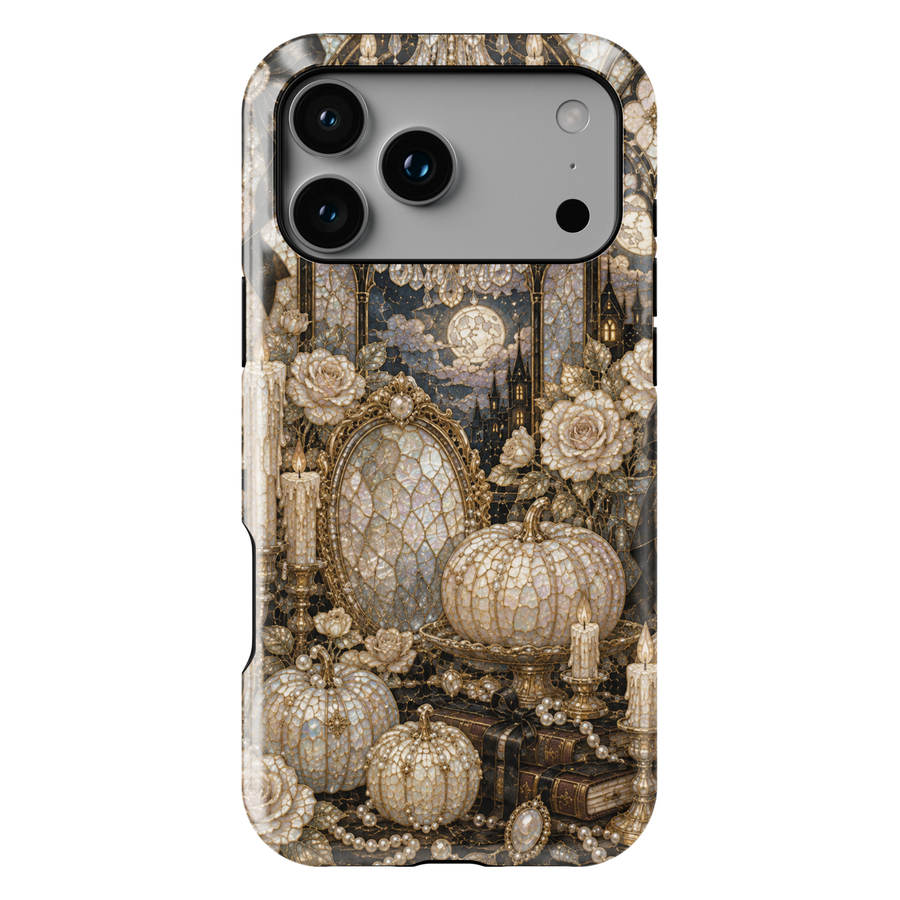 Elegant Halloween iPhone case featuring pearl pumpkins, ivory roses, candles, vintage books, ornate mirror, and a moonlit gothic castle.