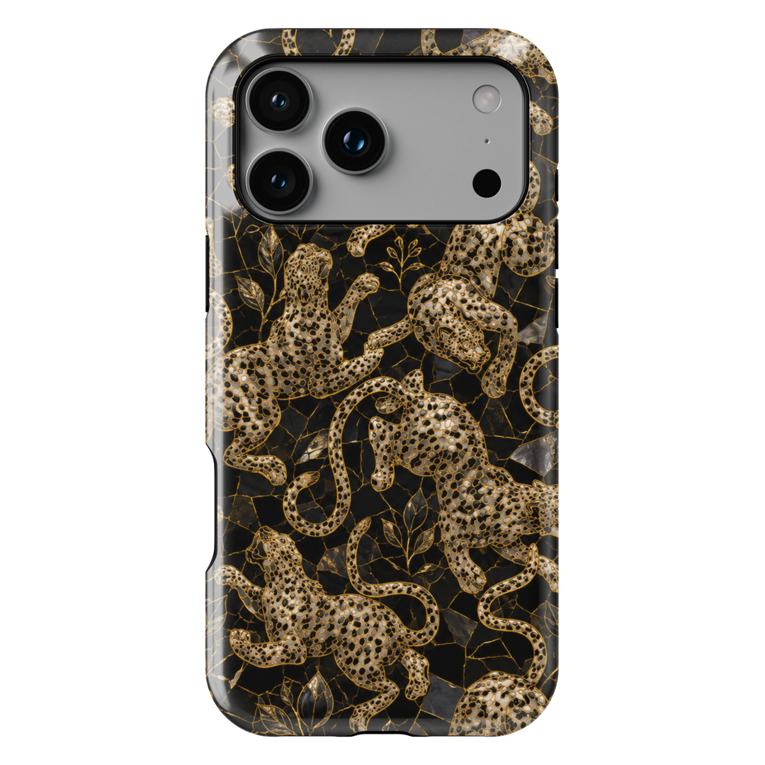Golden Prowl iPhone case with ornate gold leopards, botanical details and a luxurious black background.