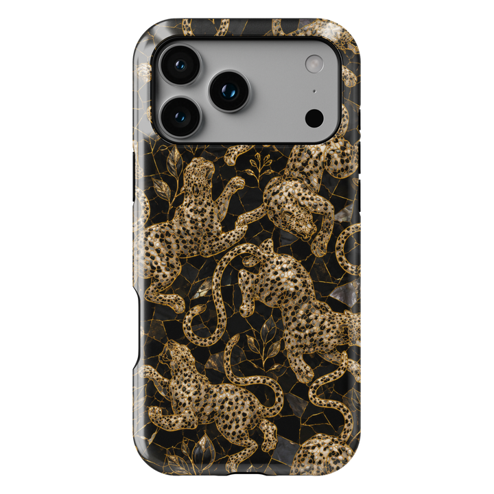 Golden Prowl iPhone case with ornate gold leopards, botanical details and a luxurious black background.