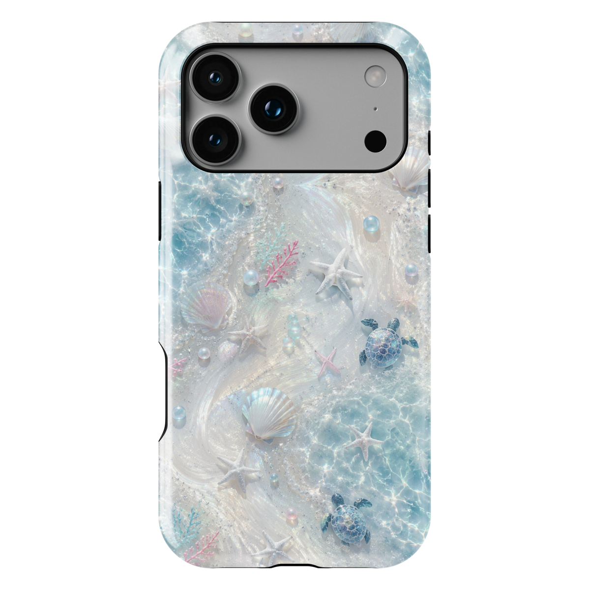 Sea turtle iPhone case featuring seashells, starfish, coral accents, and shimmering ocean waves in soft aqua tones.