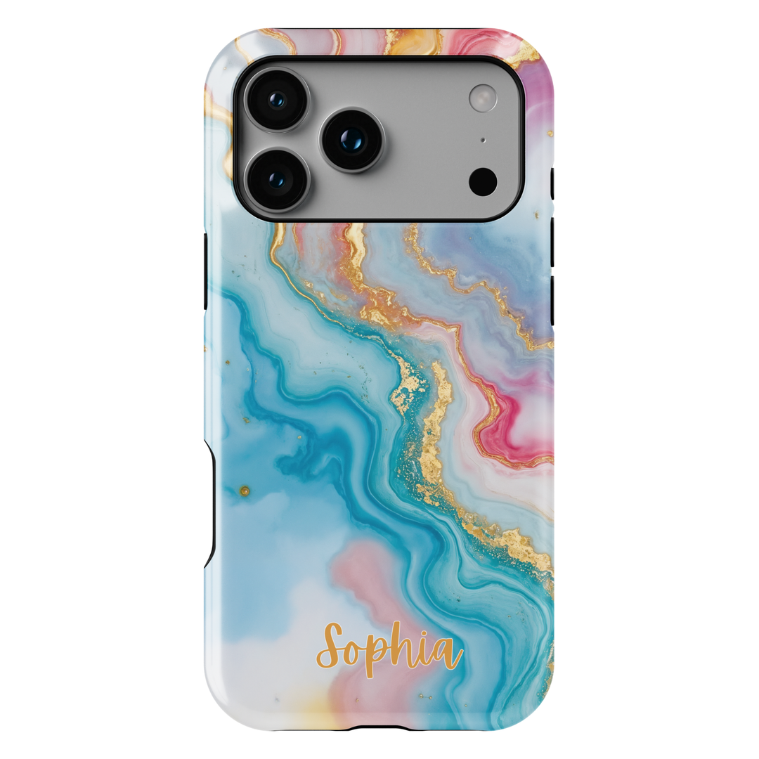 Personalized blue marble phone case with gold accents and custom name design