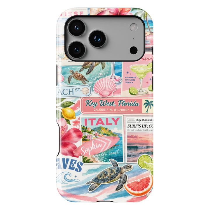Tropical beach collage phone case with ocean, citrus, and travel aesthetic for iPhone 17 Pro Max and Samsung Galaxy S26 Ultra.
