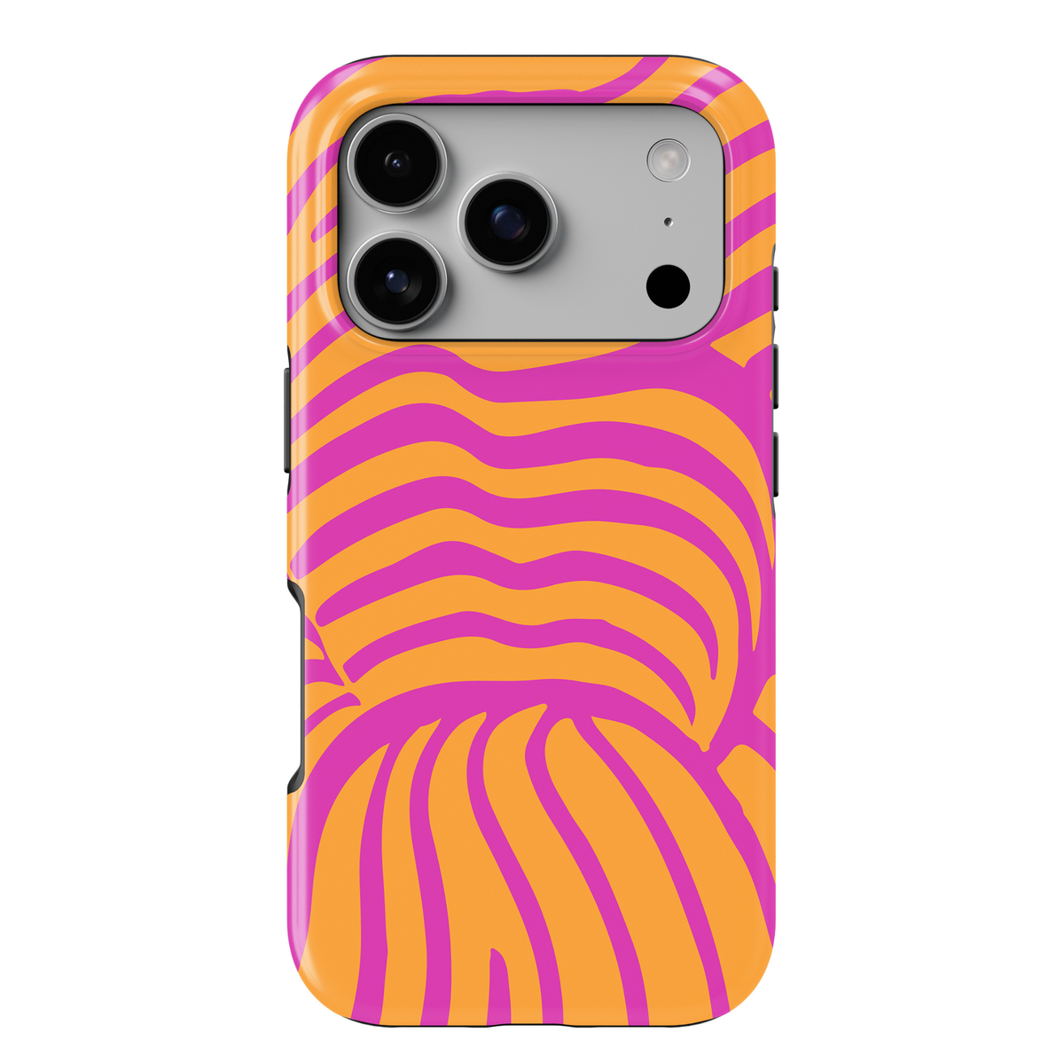 Electric Sunset pink and orange iPhone 18 Pro Max MagSafe case featuring bold hot pink, magenta and bright orange abstract wavy lines, a colorful retro groovy tough iPhone 18 Pro phone case with funky Y2K aesthetic, protective design and MagSafe compatibility.