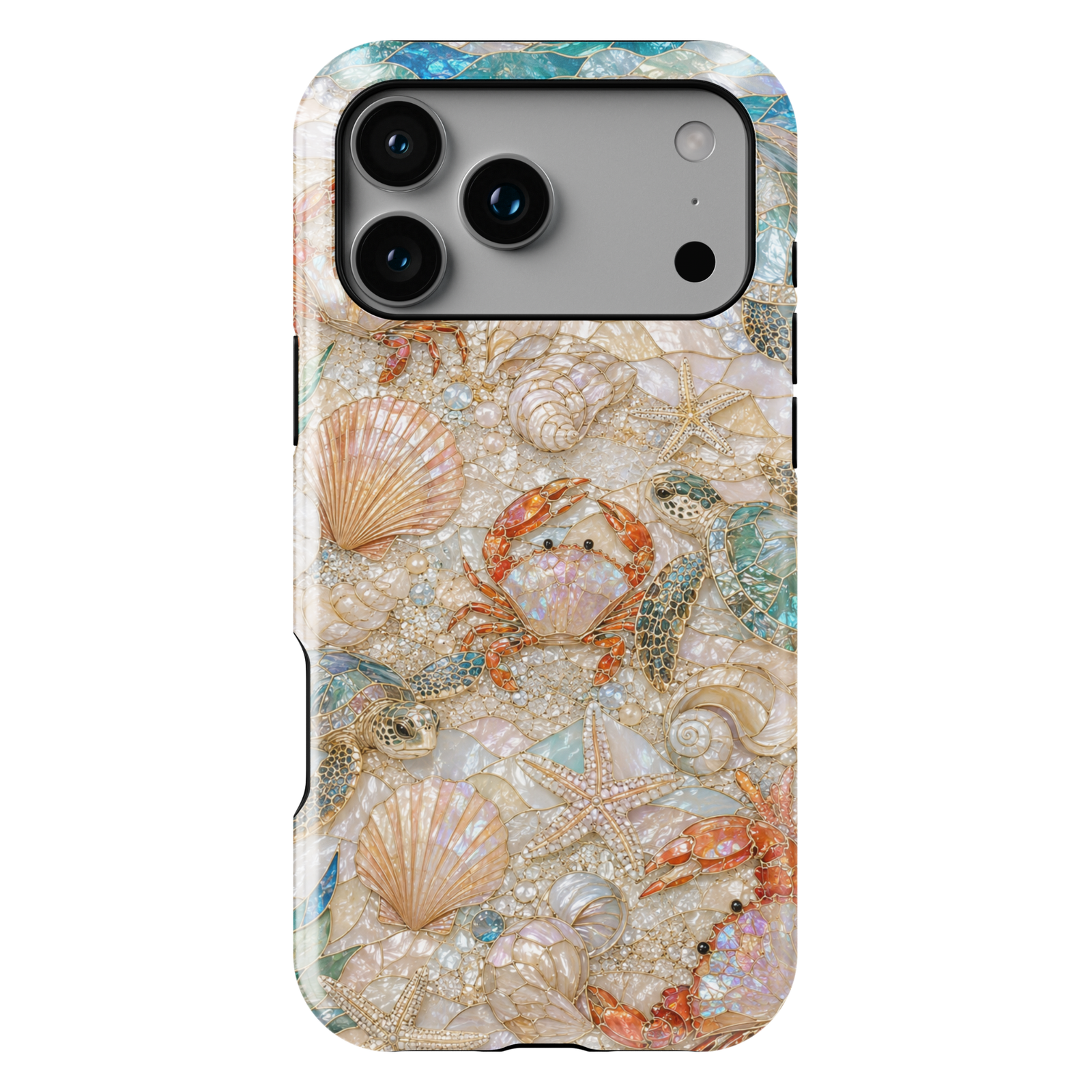 Beach-themed iPhone case featuring sea turtles, seashells, starfish, crabs, pearl accents, and coastal ocean-inspired artwork.