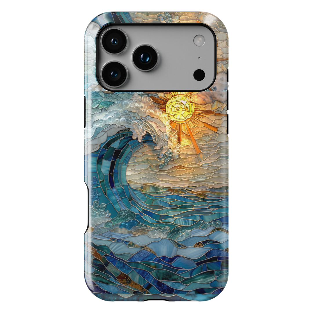Ocean inspired stained glass art phone case with layered blue waves and golden sun on a protective iPhone and Samsung Galaxy phone case for women