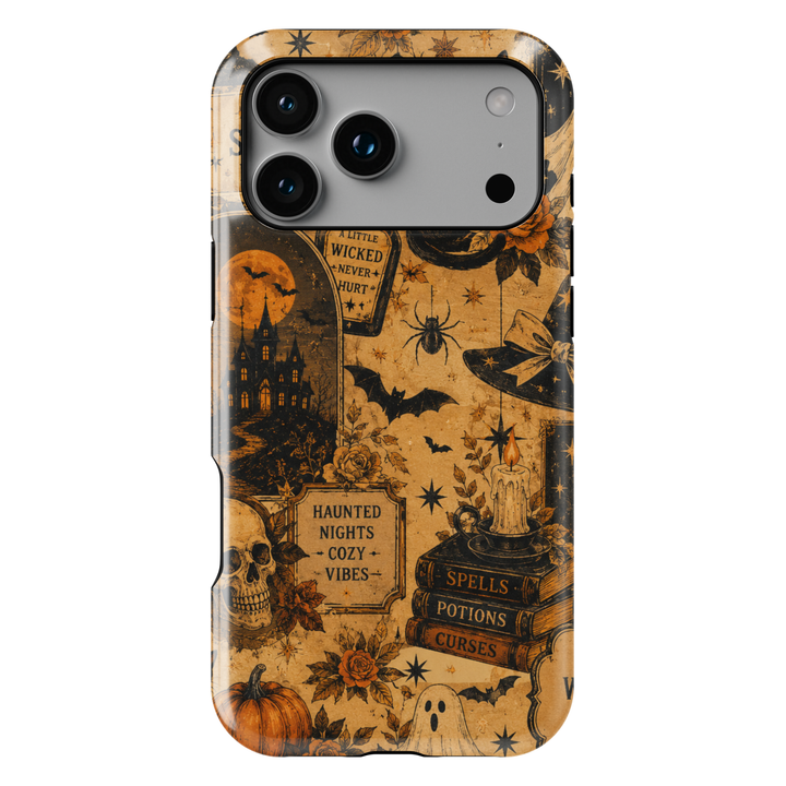 Vintage Halloween phone case for iPhone and Samsung Galaxy featuring black cats, ghosts, pumpkins, skull, bats, haunted house, potions and gothic illustrations in orange and black.