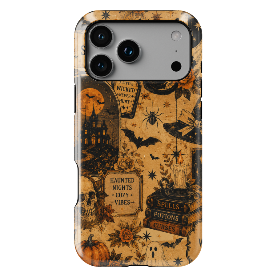 Vintage Halloween phone case for iPhone and Samsung Galaxy featuring black cats, ghosts, pumpkins, skull, bats, haunted house, potions and gothic illustrations in orange and black.
